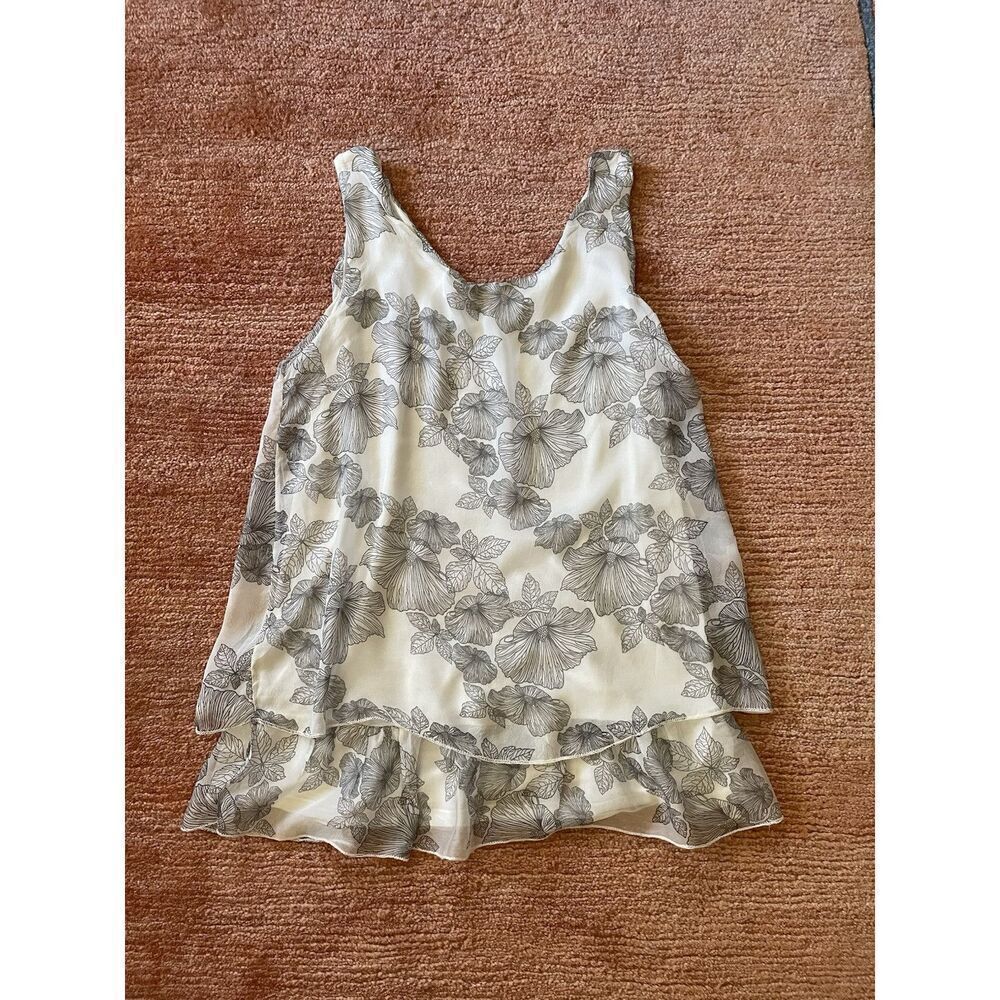Giusy Size S Blouse Italy Pure Silk Layered Floral Print Tank Top White